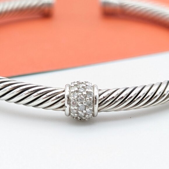 DAVID YURMAN 4MM Sterling Silver Diamond Single Station Barrel Bracelet 7 Inch - Picture 2 of 8